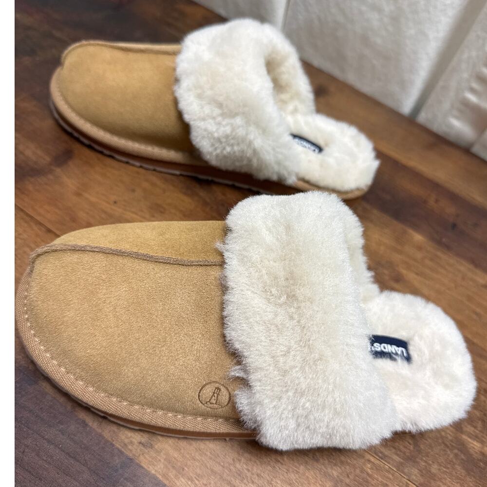 Lands' End Tan Suede Furry Lined Indoor / Outdoor Slippers Shoes Women's Size 6B